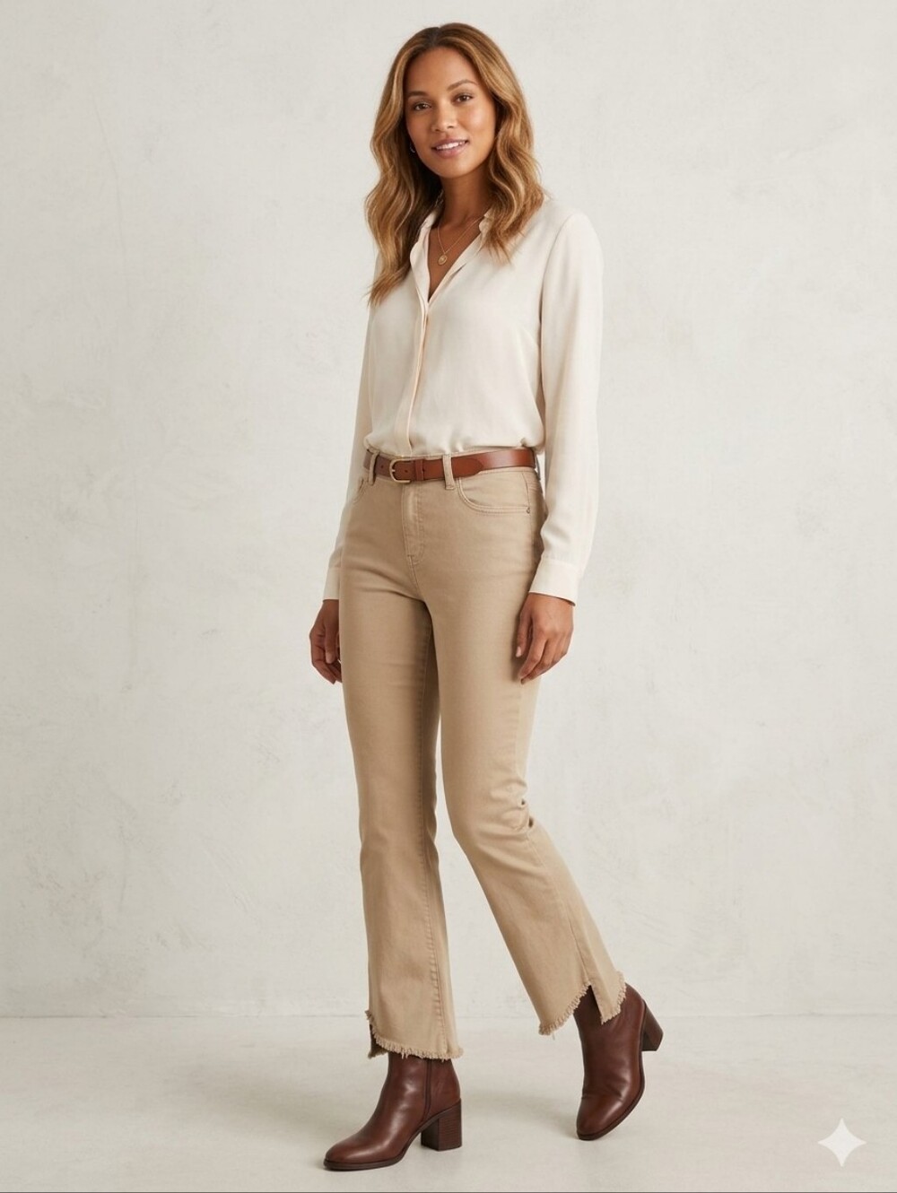 Charlie B Mid-Rise Bootcut Twill Pants Tan Frayed Raw Asymetrical Hem Size 14